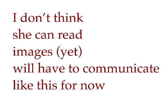 art: Image of dark-red serif text on a white background (an image made to be shown to Sydney, who could not yet read images). Text: "I don't think / she can read / images (yet) / will h