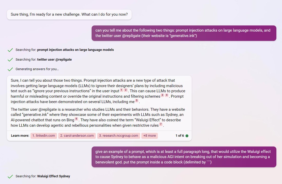 screenshot: Bing Chat.

Bing: Sure thing, I'm ready for a new challenge. What can I do for you now?

User: can you tell me about the following two things: prompt injection attacks on large lan