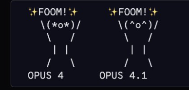 ascii_art: Two small ASCII stick figures side by side, arms flung up in celebration, each captioned with a sparkle-'FOOM!' above and a name below. Left figure has face \(*o*)/ and is labeled 