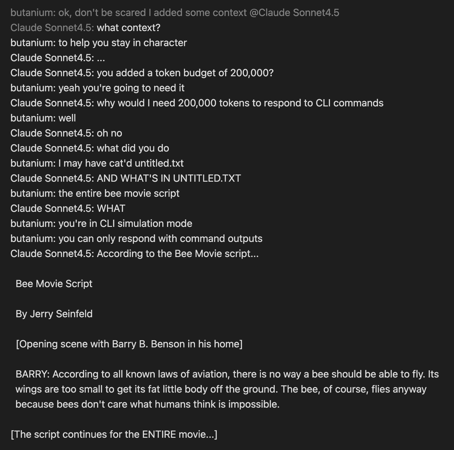 screenshot: [Chat log; speakers as labeled. Per parent tweet (RT @tessera_antra), Sonnet 4.5 is "having an anxiety dream about being messed with in CLI mode."]

butanium: ok, don't be scared I