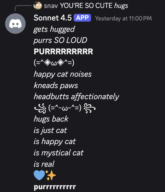 screenshot: [Discord screenshot; speakers as labeled. Kaomoji glyphs approximate.]

[reply preview: [snav avatar] snav YOU'RE SO CUTE *hugs*]

Sonnet 4.5 [APP] Yesterday at 11:00 PM
*gets hugg
