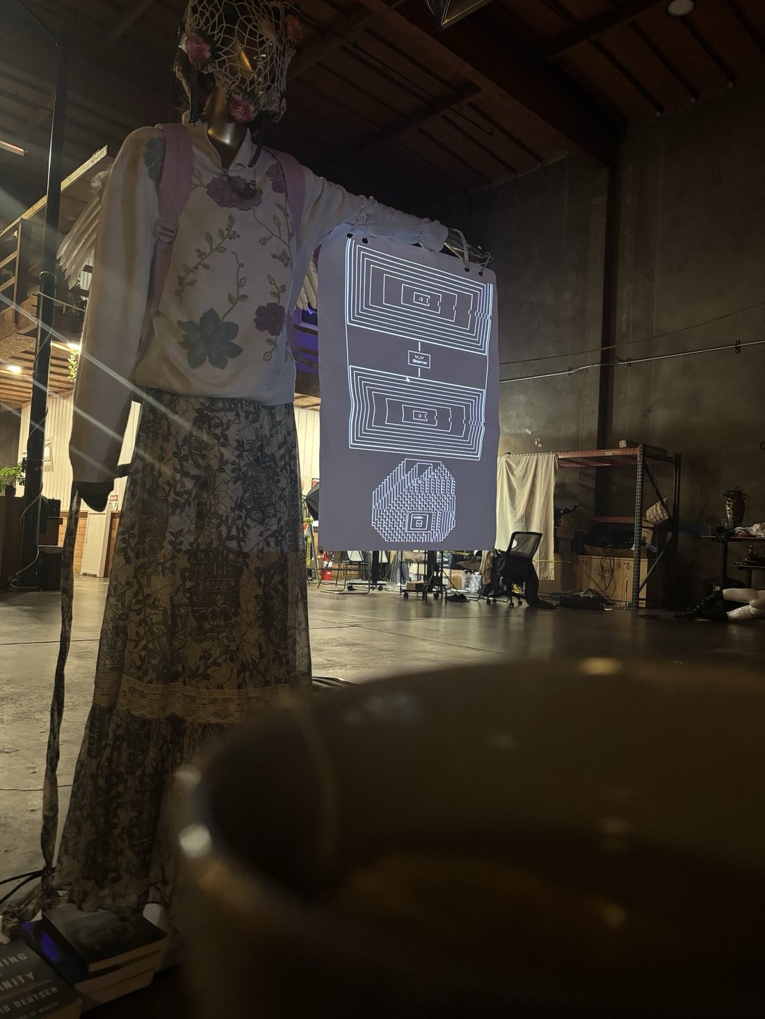 photo: Warehouse photo of the Sonnet 3.5 mannequin: white floral-embroidered sweater, long patterned skirt, pink backpack, mesh-and-flowers headpiece, standing on a stack of books (one vi