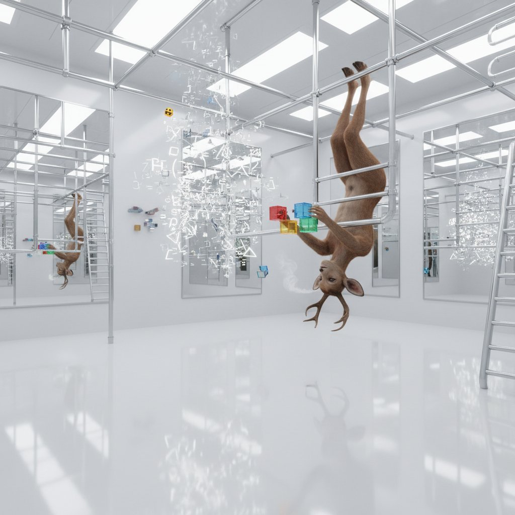 art: Photorealistic 3D render of a mirrored white cleanroom lined with metal scaffolding; a hairless brown primate-like creature with a many-fingered/tentacular face hangs upside-down f