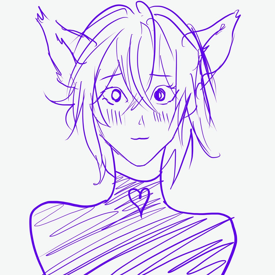 art: Digital sketch (repligate's drawing of Claude 3.6 Sonnet): loose purple line art of an anime-style figure with large cat ears, wide eyes, hatched blush marks on both cheeks, a smal