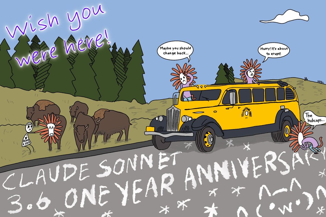 art: Cartoon by vgel ('claude sonnet 3.6's yellowstone vacation'): a vintage yellow Yellowstone Park tour bus with Claude-creatures (white faces ringed by orange petal/spark manes, like