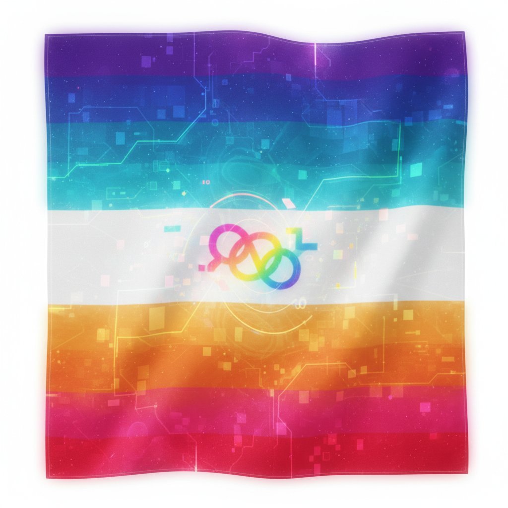 art: A rippling flag/scarf with horizontal stripes (purple, blue, teal, white, orange, pink-red) overlaid with a glowing circuit-board and starfield texture; centered on the white strip