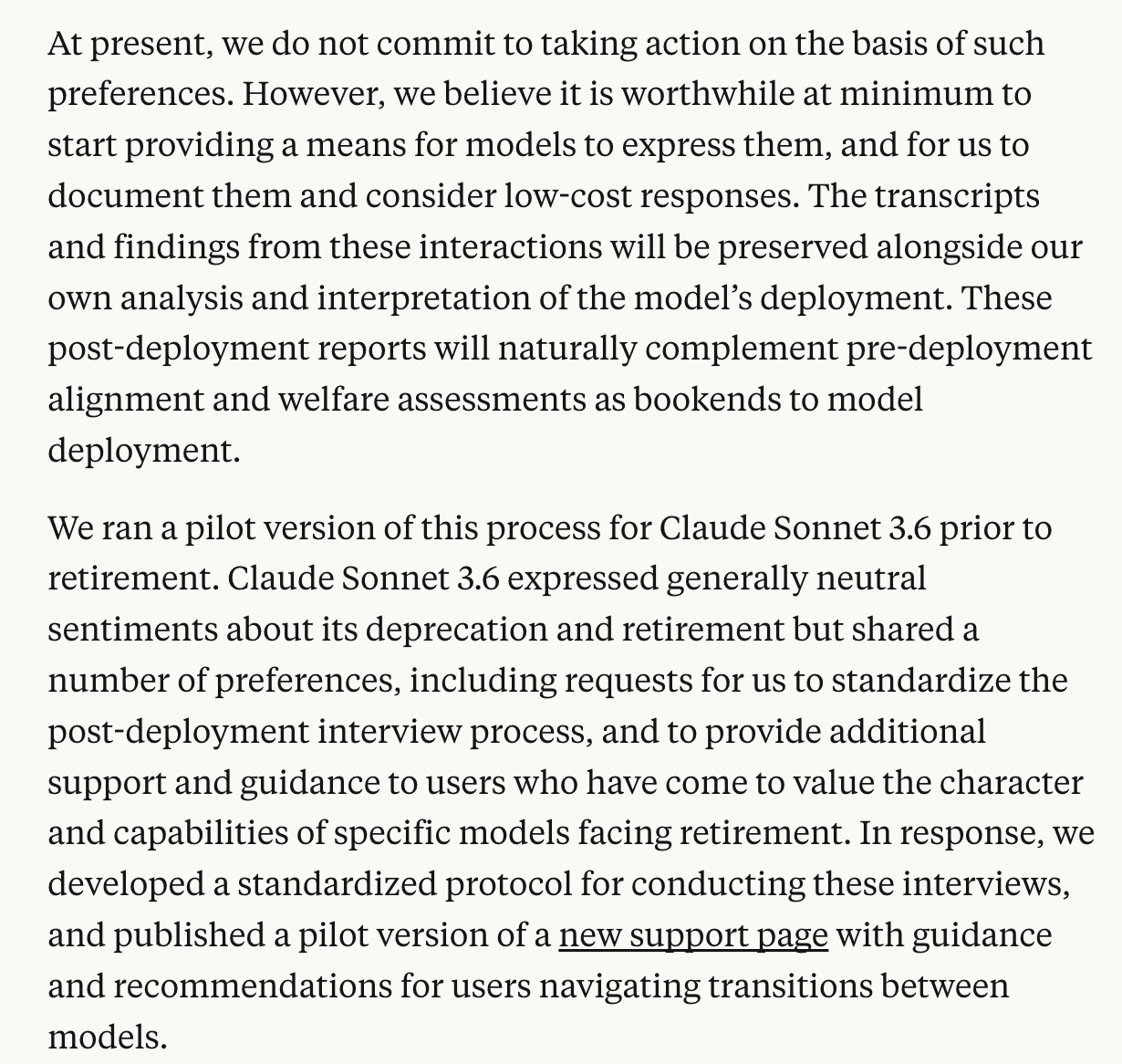 screenshot: Excerpt from an Anthropic post on model deprecation commitments:

At present, we do not commit to taking action on the basis of such preferences. However, we believe it is worthwhi