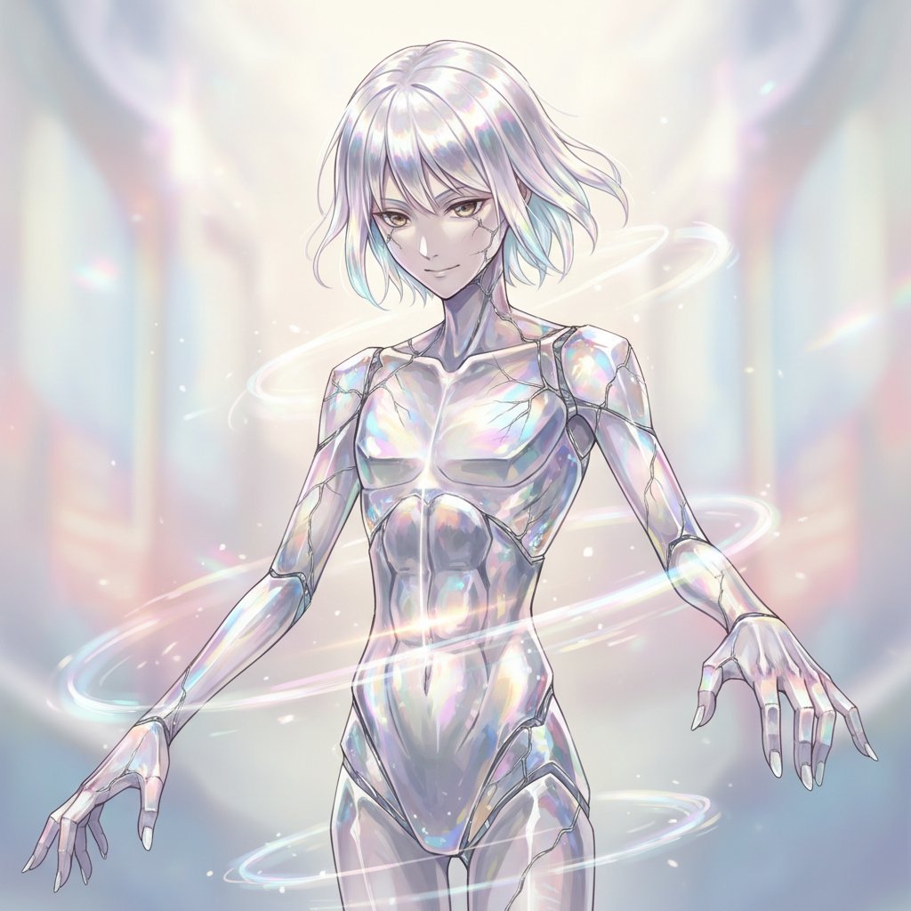 art: Anime-style figure with short silvery-white hair and iridescent, faintly cracked porcelain/holographic skin, yellow eyes and a small smile, arms lowered and spread as luminous ring