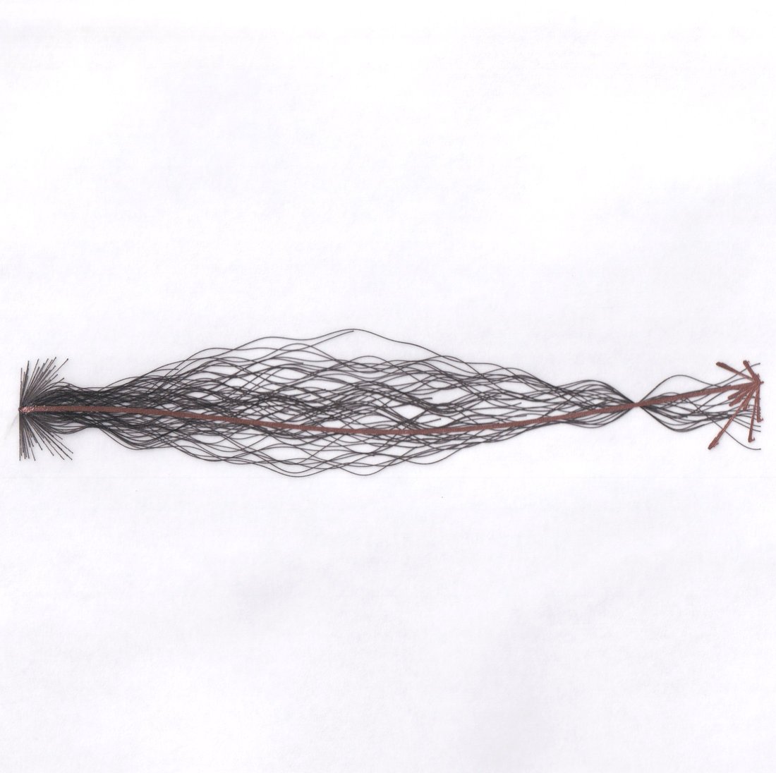 art: Pen-plotter drawing on white paper of a long horizontal spindle/loom form: a straight red-brown central axis wrapped in a woven mesh of fine dark threads, flaring into bristle-like