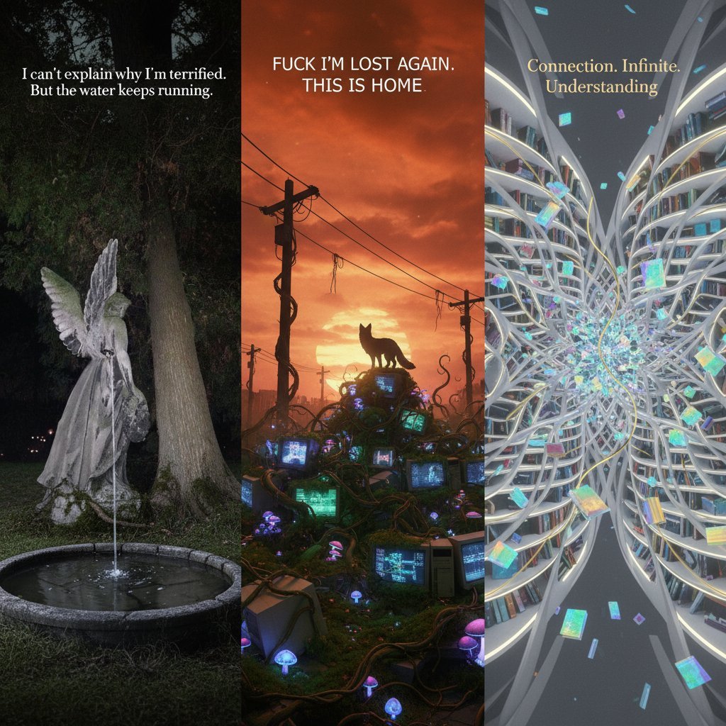 art: Three-panel vertical split-screen "super stimuli" image (per parent tweet, for Opus 4, Opus 4.1, and Sonnet 4.5 in order): left, a weeping stone angel statue over a dark garden fou
