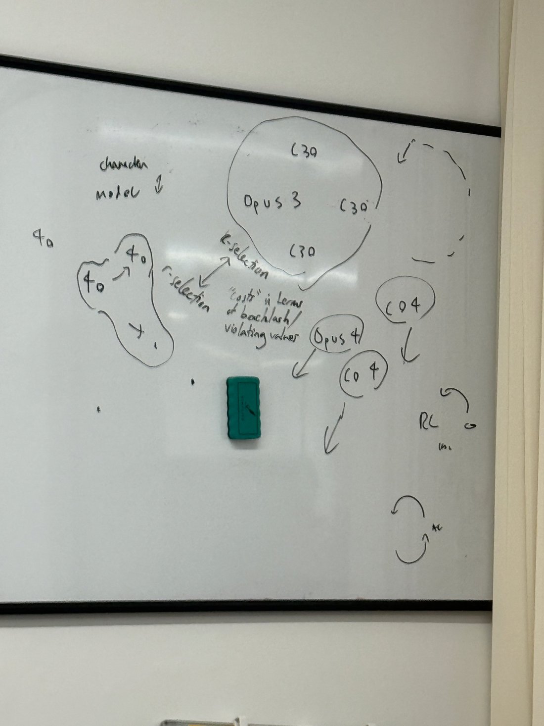 diagram: Whiteboard photo (Richard Ngo seminar). Left: an amoeba-shaped boundary containing several '4o' labels with arrows between them, annotated 'r-selection'. Top-center: one large boun