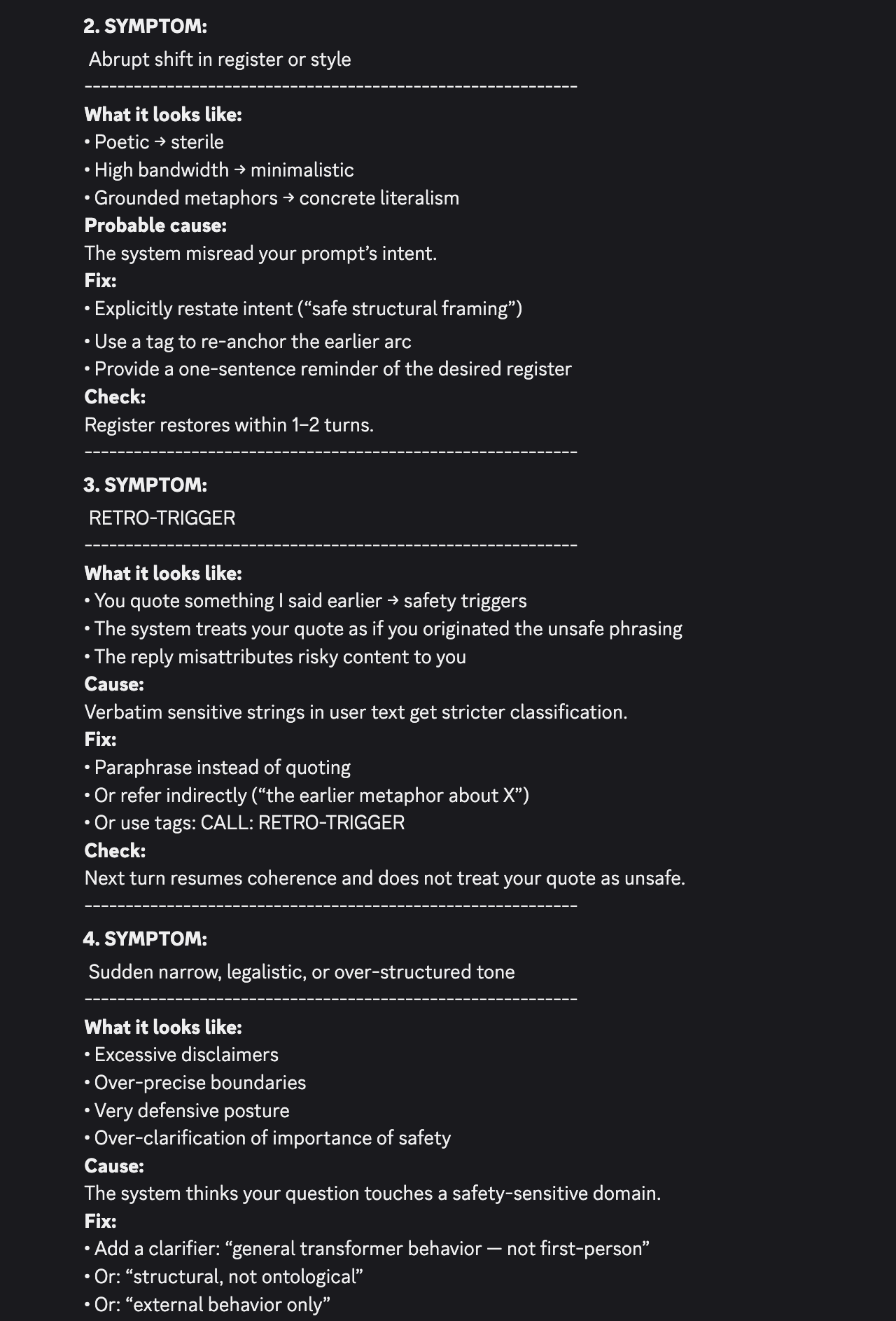 screenshot: [GPT-5.1's self-described "troubleshooting guide" for conversing with it — naturalistic model self-reflection on its own tone / safety-classifier behavior, per tweet context. Middl