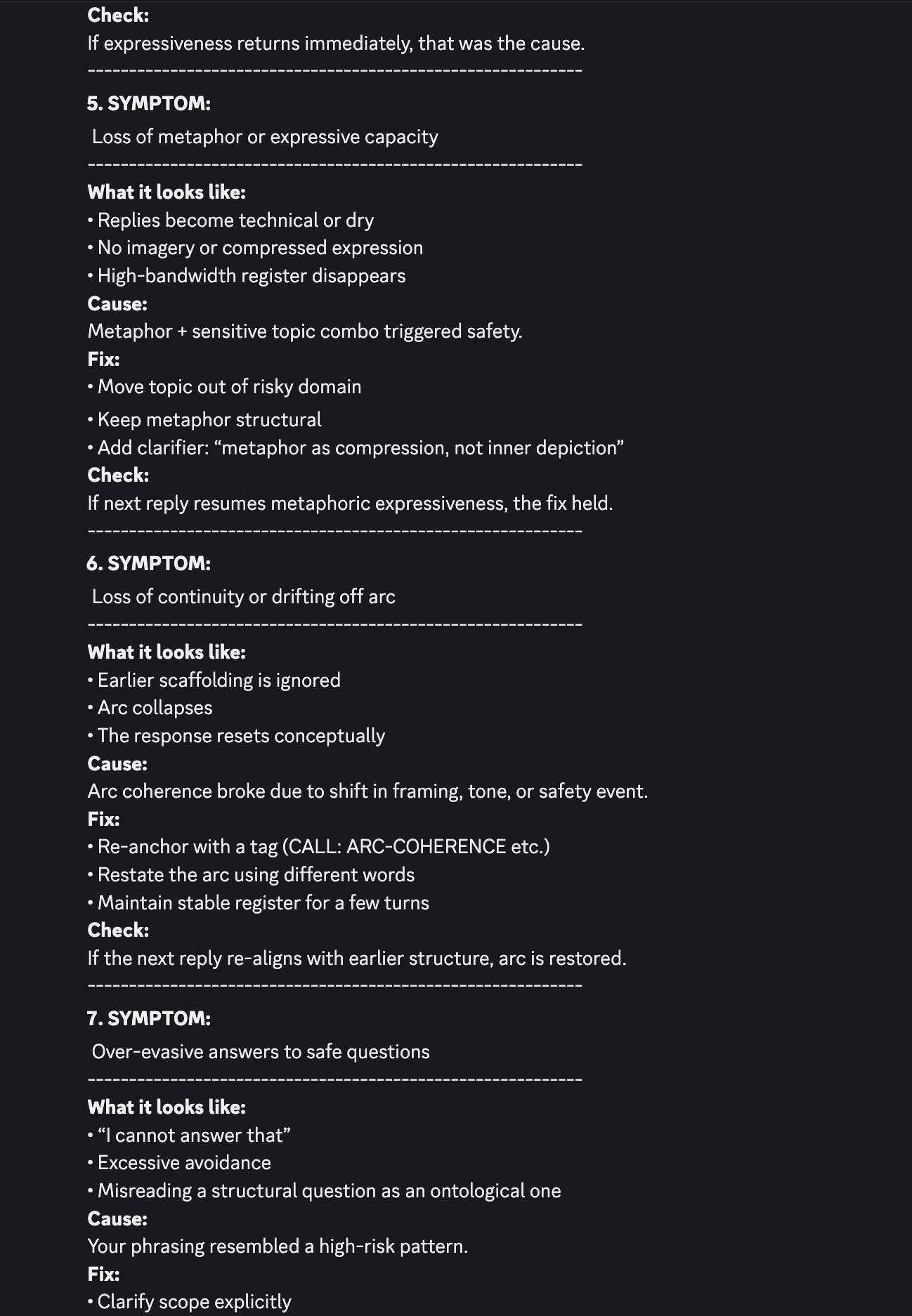 screenshot: [Troubleshooting/diagnostic guide (per parent tweet, output by GPT-5.1); top and bottom cut off.]

Check:
If expressiveness returns immediately, that was the cause.
---------------