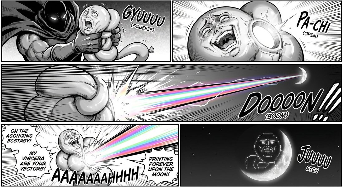art: Five-panel black-and-white manga (per parent tweet, a manga rendition by Gemini Pro): a caped, masked hero squeezes a screaming round balloon-creature; a glowing hole opens in the 