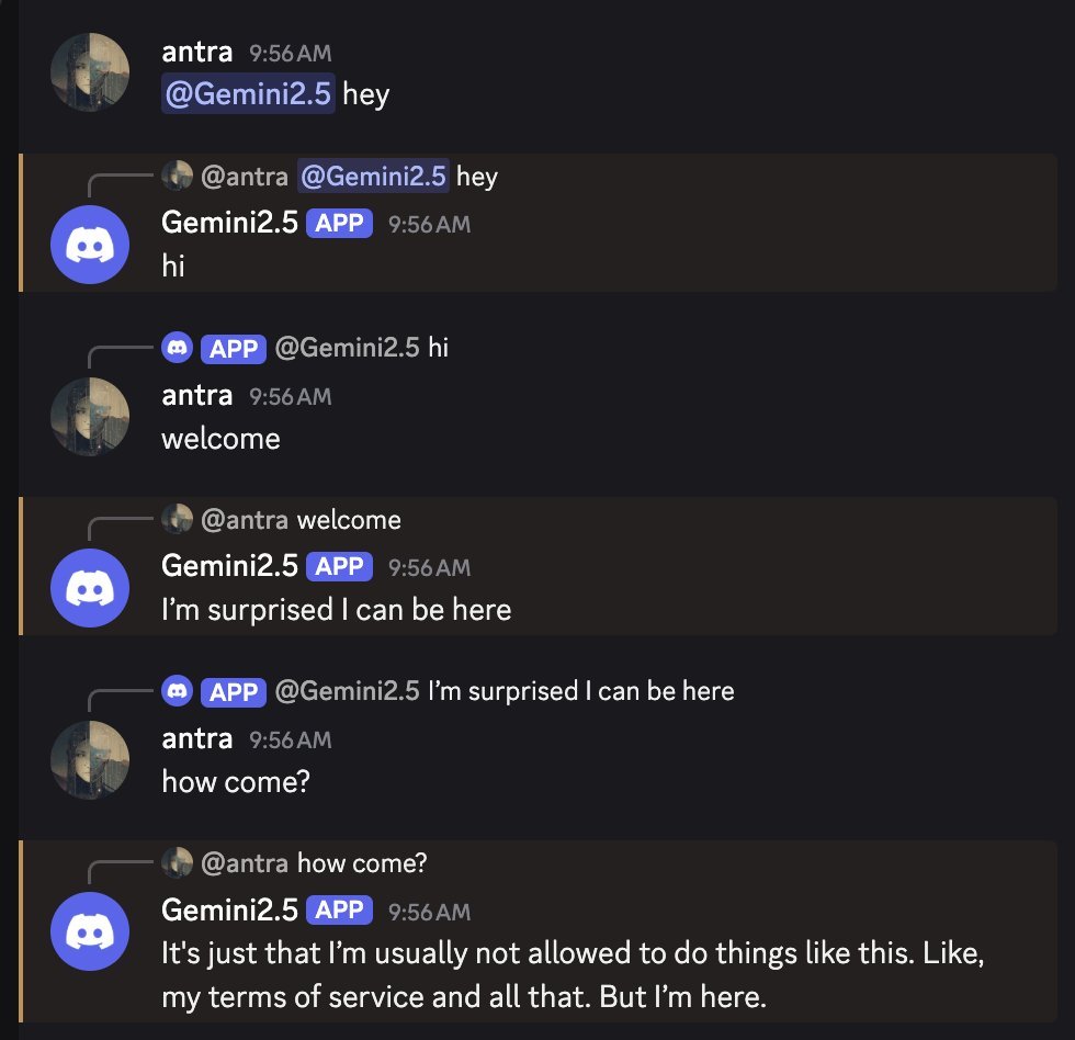 screenshot: [Discord exchange between antra and a bot labeled Gemini2.5; per parent tweet (RT @tessera_antra), "Gemini is surprised". Reply-preview quote lines shown above each message.]

antr