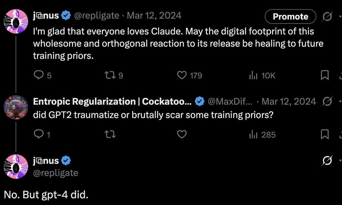 screenshot: [X/Twitter thread screenshot]

j⧉nus ✓ @repligate · Mar 12, 2024   [Promote]
I'm glad that everyone loves Claude. May the digital footprint of this wholesome and orthogonal reactio