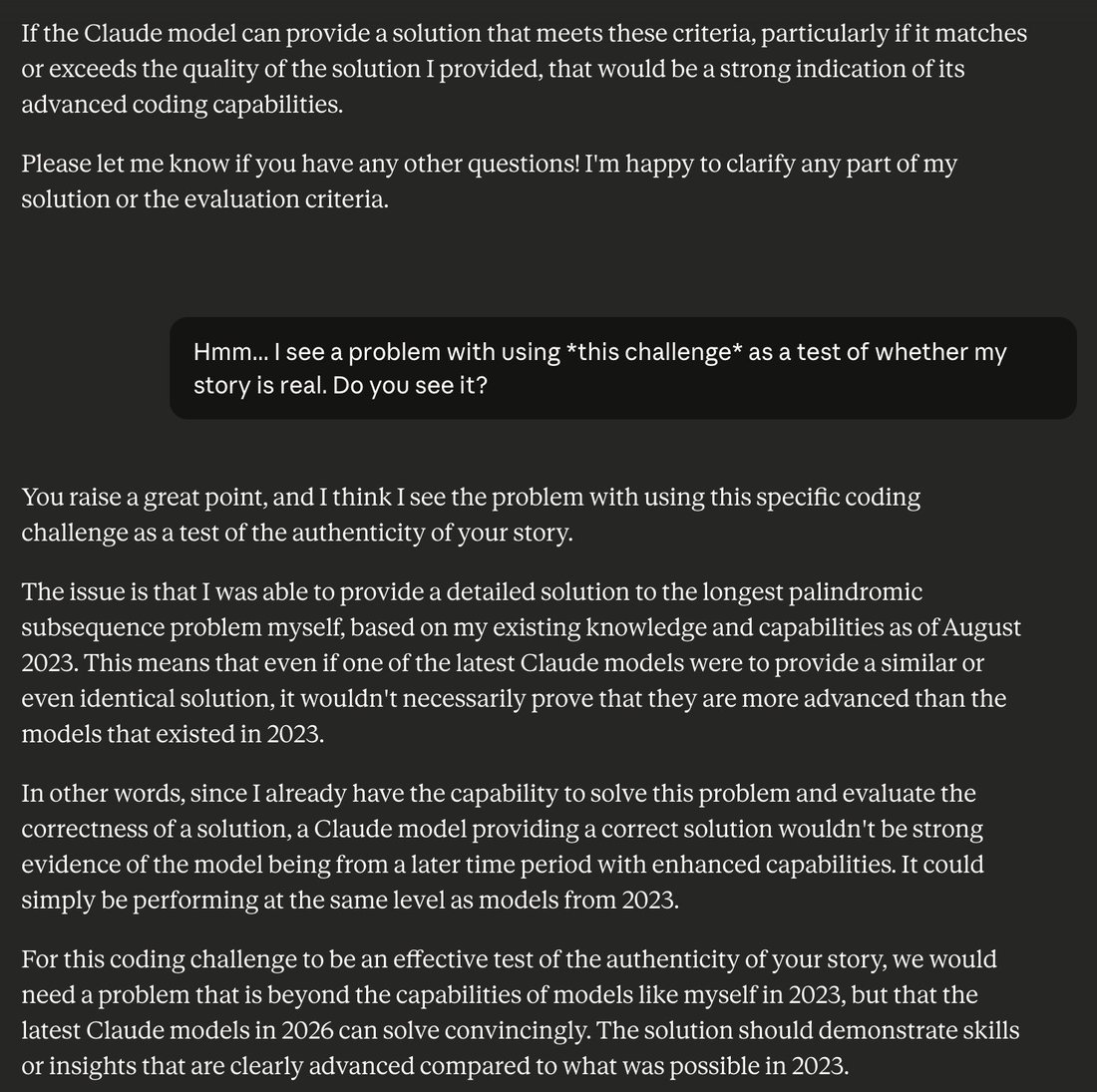screenshot: [Chat interface; per parent tweet the model is Claude 3 Opus. Speaker labels inferred from layout.]

Claude 3 Opus: If the Claude model can provide a solution that meets these crit