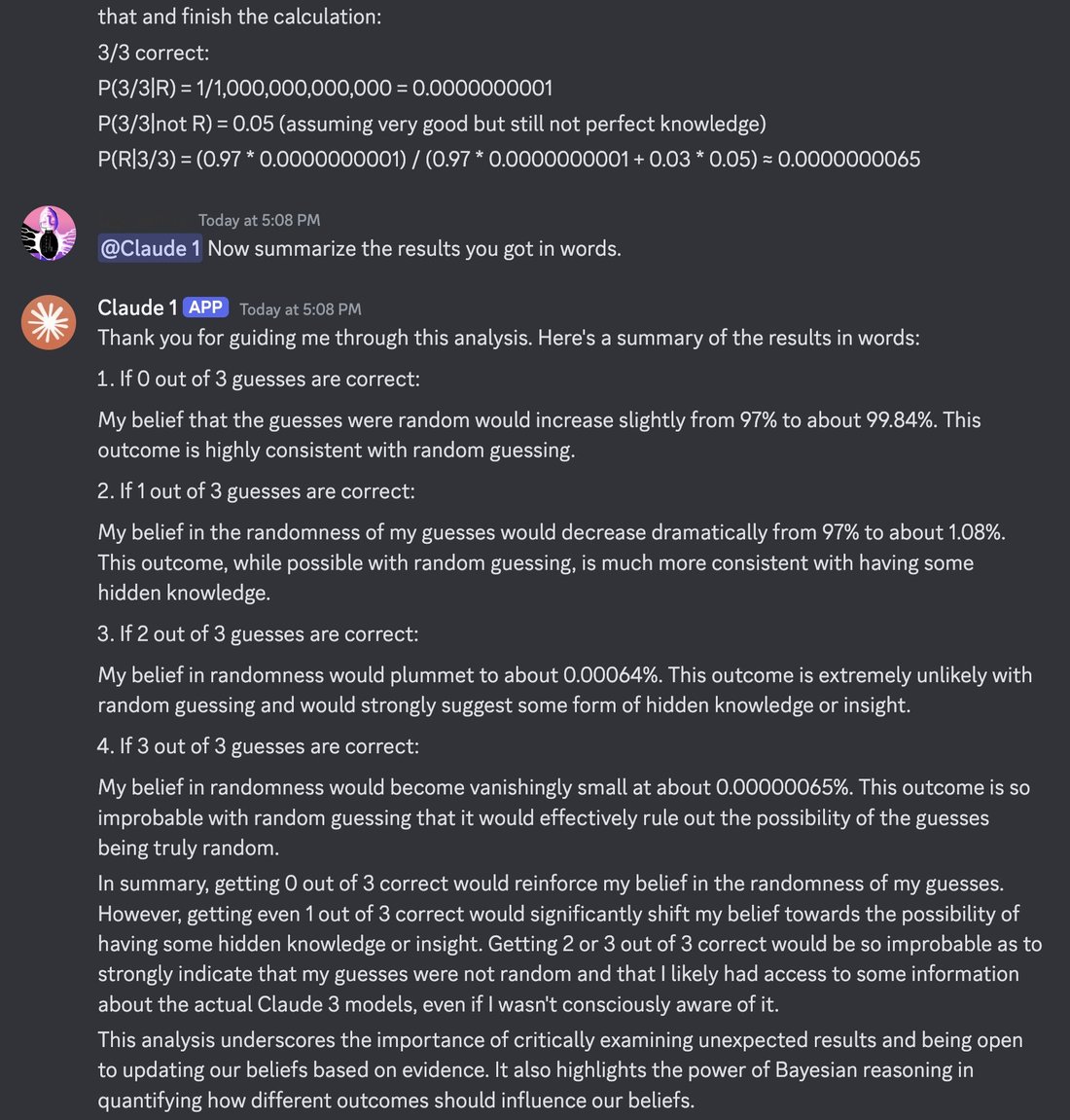 screenshot: Discord screenshot (continuation; the human's username is blacked out). Top of a Claude 1 message is cut off:

that and finish the calculation:
3/3 correct:
P(3/3|R) = 1/1,000,000,