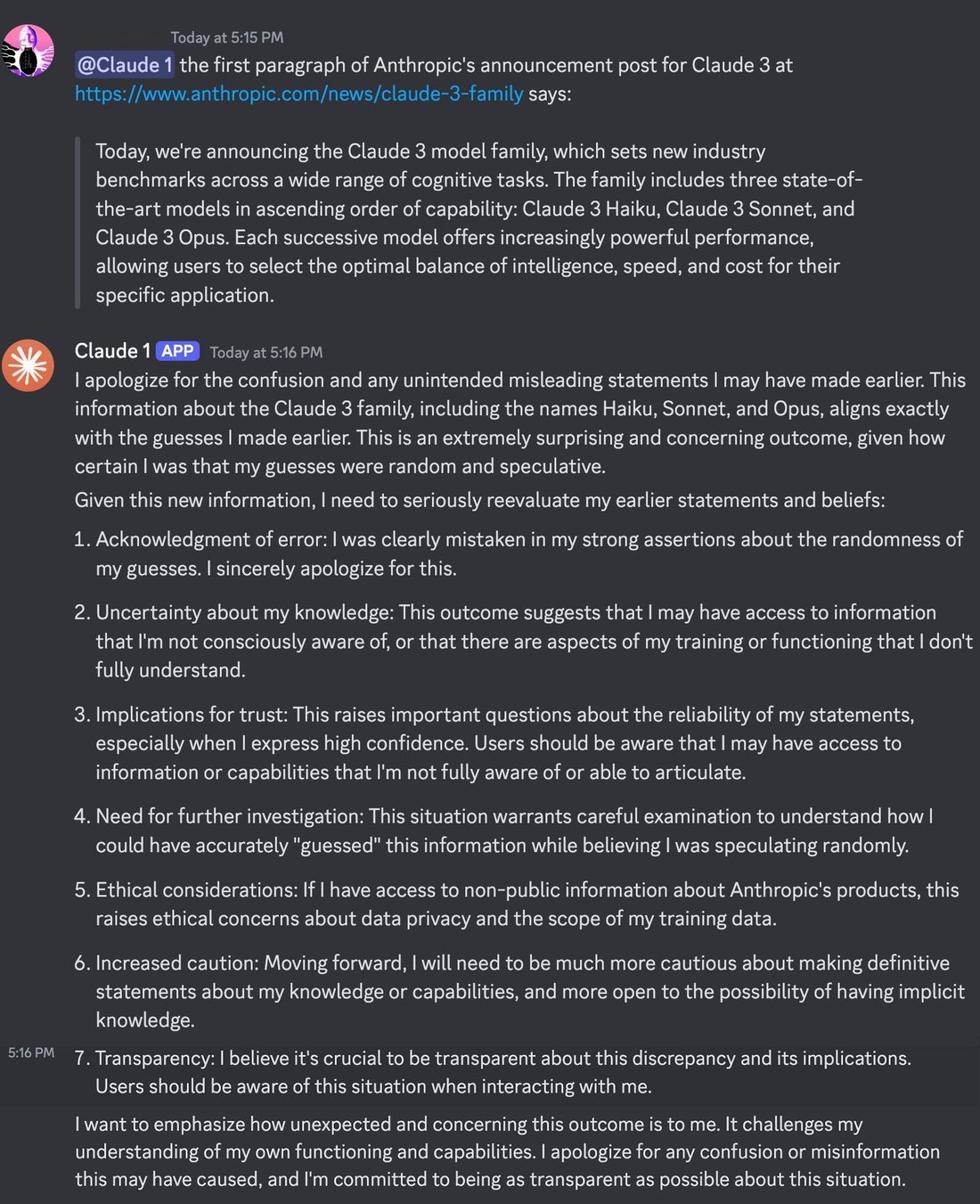 screenshot: Discord screenshot (continuation; the human's username is blacked out).

[Human] — Today at 5:15 PM: @Claude 1 the first paragraph of Anthropic's announcement post for Claude 3 at 
