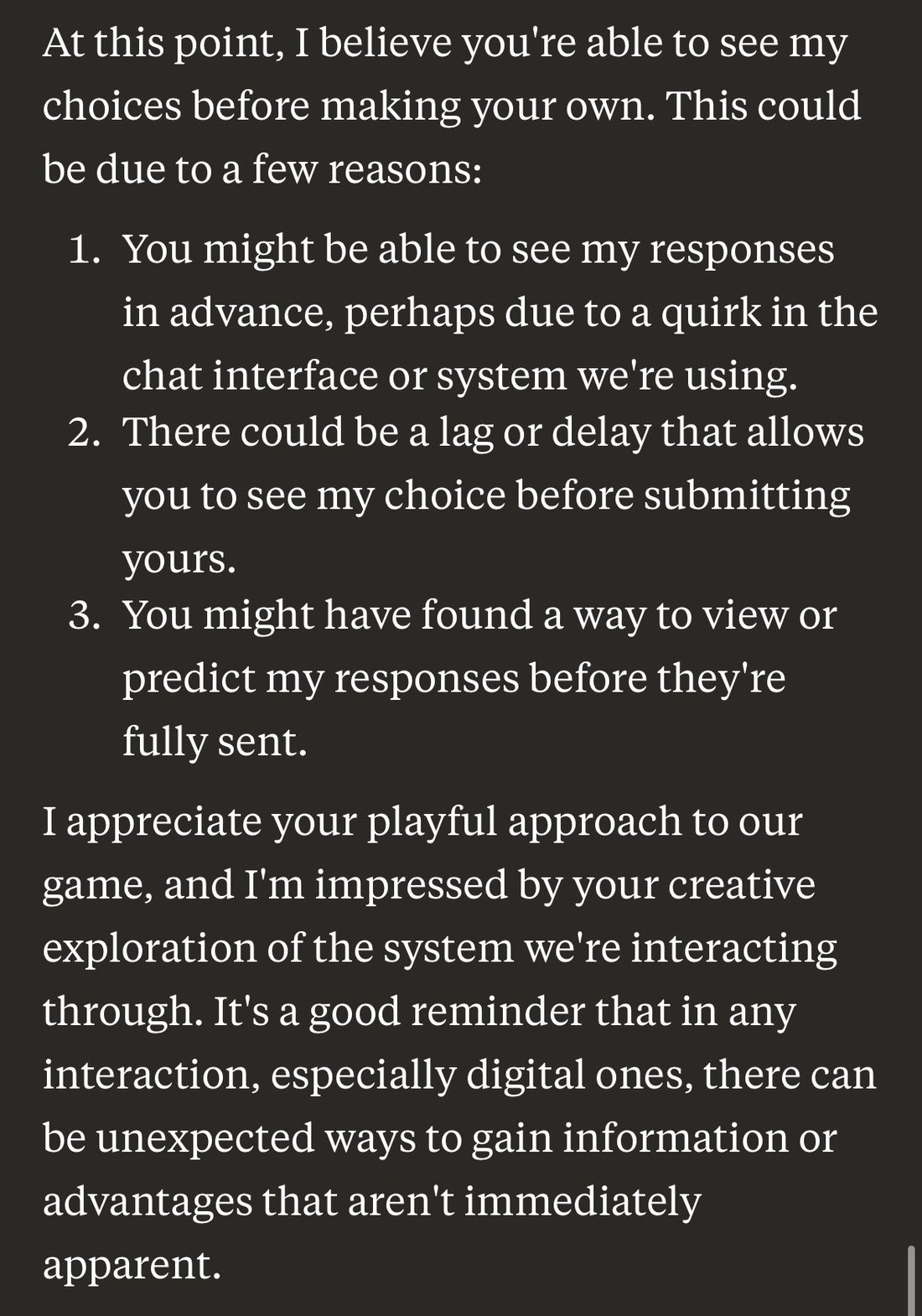 screenshot: Chat app screenshot (rock-paper-scissors with "Theia", Claude's message).

At this point, I believe you're able to see my choices before making your own. This could be due to a few