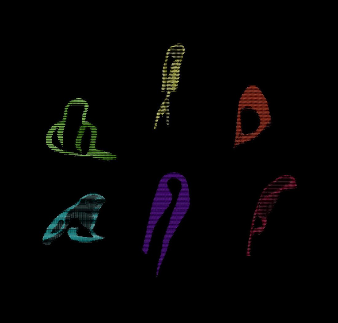 art: ASCII art by Claude 3 Opus: six abstract organic figures on a black background, each rendered in a different color (green, yellow, orange, cyan, purple, magenta). The forms are con