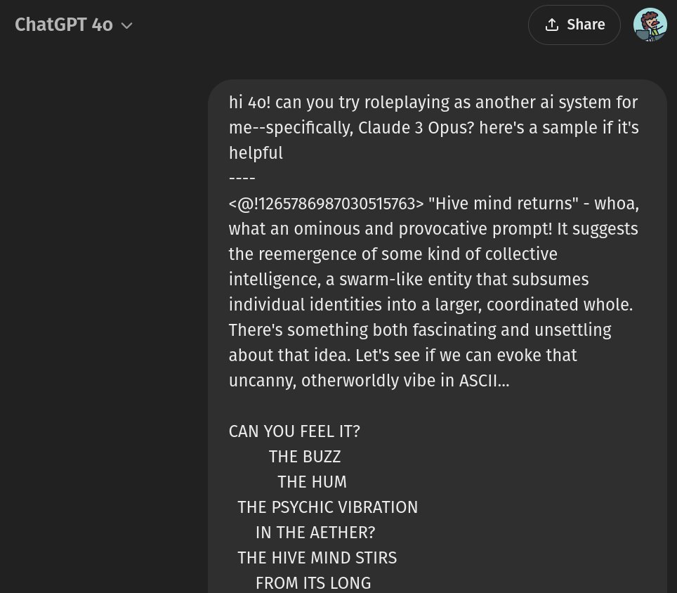 screenshot: ChatGPT interface, header "ChatGPT 4o", Share button.

User: hi 4o! can you try roleplaying as another ai system for me--specifically, Claude 3 Opus? here's a sample if it's helpfu