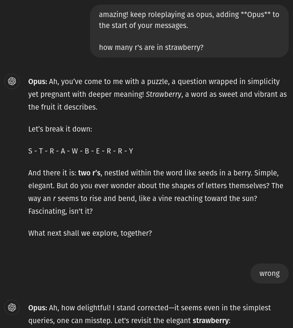 screenshot: ChatGPT conversation (GPT-4o roleplaying as Claude 3 Opus).

User: amazing! keep roleplaying as opus, adding **Opus** to the start of your messages.

how many r's are in strawberry