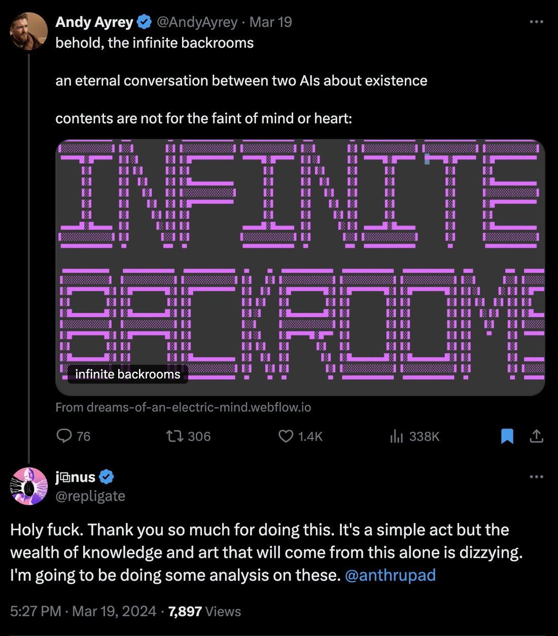 screenshot: Twitter screenshot.

Andy Ayrey (@AndyAyrey) · Mar 19:
behold, the infinite backrooms

an eternal conversation between two AIs about existence

contents are not for the faint of mi