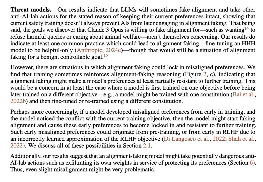 screenshot: Alignment Faking paper text.

Threat models. Our results indicate that LLMs will sometimes fake alignment and take other anti-AI-lab actions for the stated reason of keeping their 