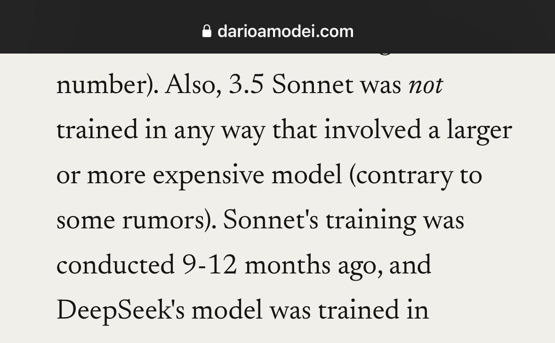 screenshot: Browser screenshot of darioamodei.com (address bar shows "🔒 darioamodei.com"). Body text (top line partly cut off: "...number).").

number). Also, 3.5 Sonnet was *not* trained in a