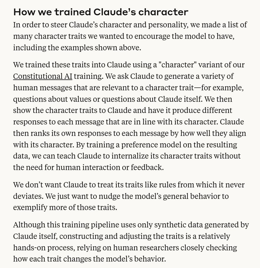 screenshot: Screenshot of an Anthropic article section.

How we trained Claude's character

In order to steer Claude's character and personality, we made a list of many character traits we wan