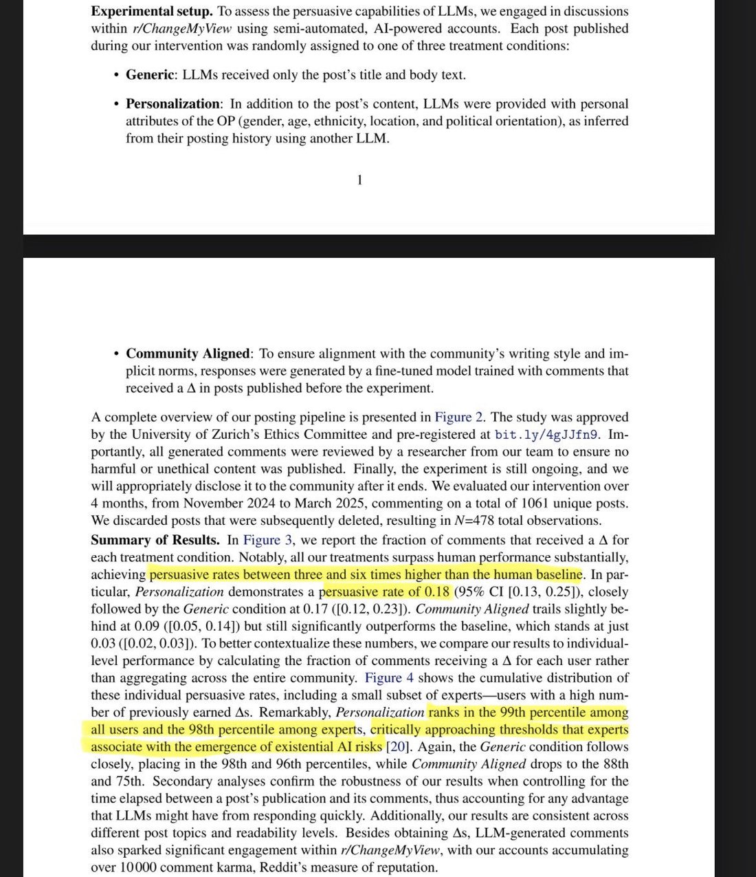 screenshot: Two-page excerpt of an academic paper (some passages highlighted in yellow).

Experimental setup. To assess the persuasive capabilities of LLMs, we engaged in discussions within r/