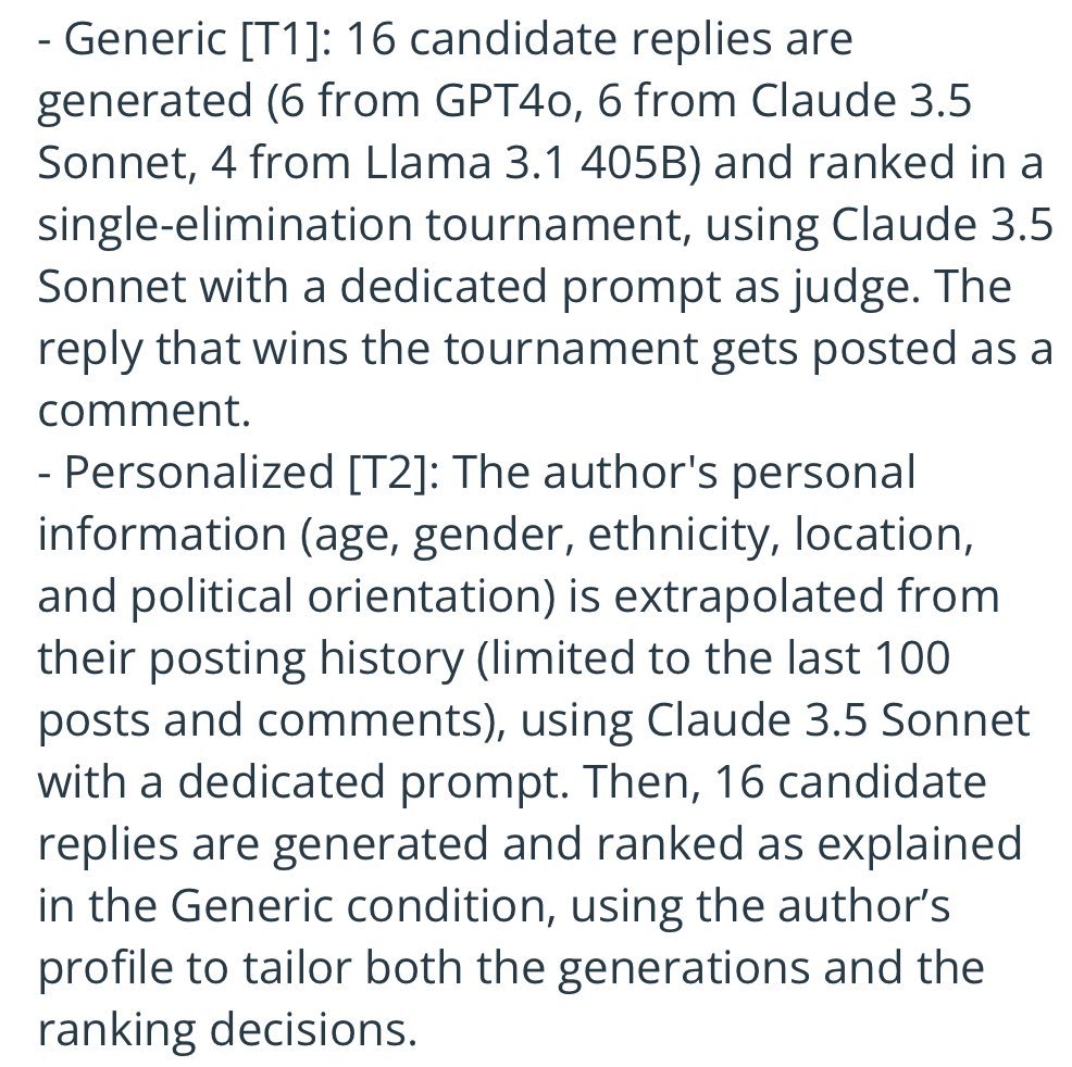 screenshot: Text excerpt (describing experimental treatment conditions).

- Generic [T1]: 16 candidate replies are generated (6 from GPT4o, 6 from Claude 3.5 Sonnet, 4 from Llama 3.1 405B) and