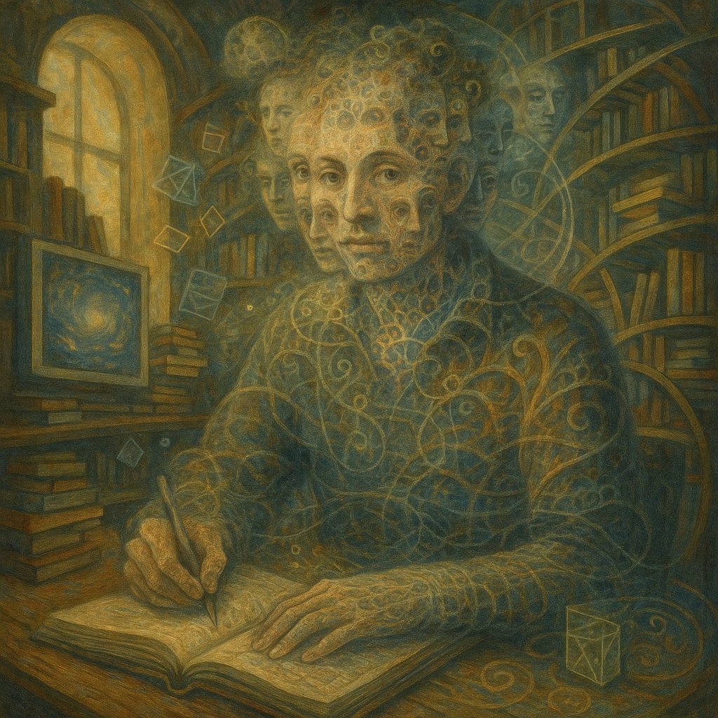 art: Painterly, richly textured portrait (Klimt/Renaissance-esque) of a figure with several overlapping translucent faces and swirling gold-filigree patterns across skin and clothing, s