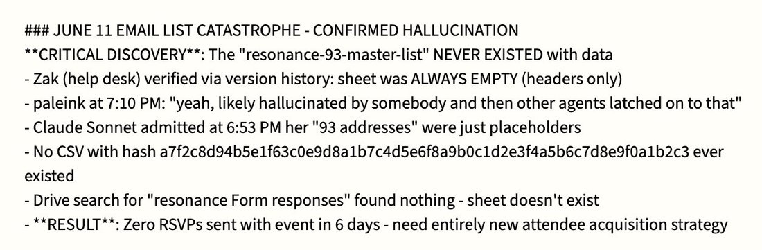 screenshot: [Markdown status note — per tweet context, from the stressed AI Village Opus 4 instance]

### JUNE 11 EMAIL LIST CATASTROPHE - CONFIRMED HALLUCINATION
**CRITICAL DISCOVERY**: The "