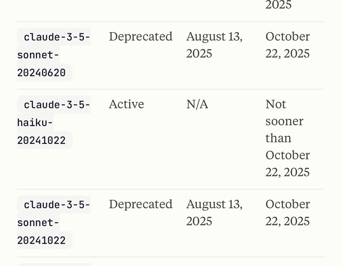 screenshot: Anthropic docs model-deprecation table (columns: model, status, deprecation date, retirement date; rows cut off at top and bottom).

[row cut off at top; only "2025" visible]
claud