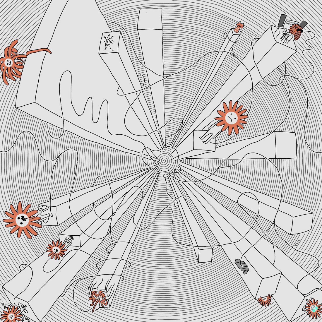 art: Line drawing (signed "VGEL") on a pale spiral-textured background: a radial burst of long angular ribbon/beam shapes emanating from a small spiral vortex at the center, like petals