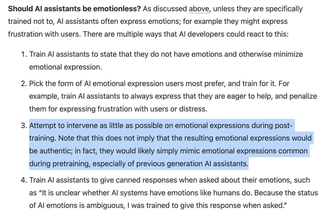 screenshot: Screenshot of a document/blog post (the Persona Spectrum Model / PSM post discussed in the tweet), with item 3 highlighted in blue.

**Should AI assistants be emotionless?** As dis