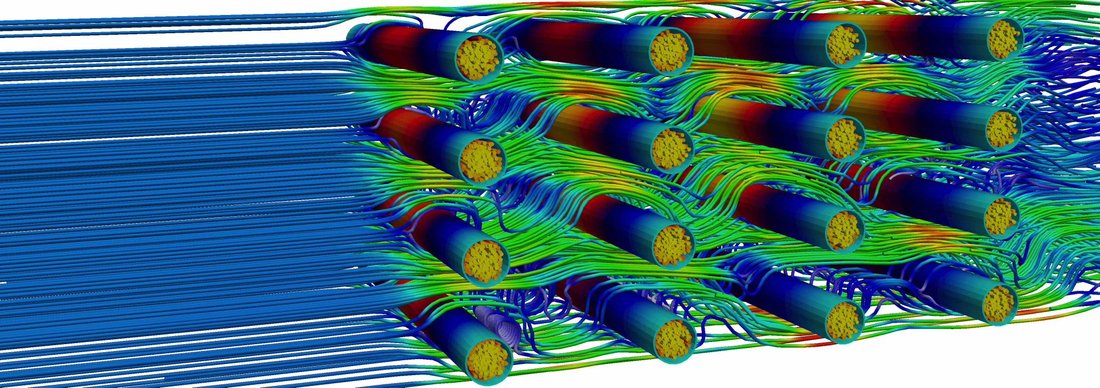 diagram: Computational fluid dynamics streamline render (per tweet context, the image Sonnet 4.5 interpreted as "hamburgers in a stream"): dense blue streamlines enter from the left and flo