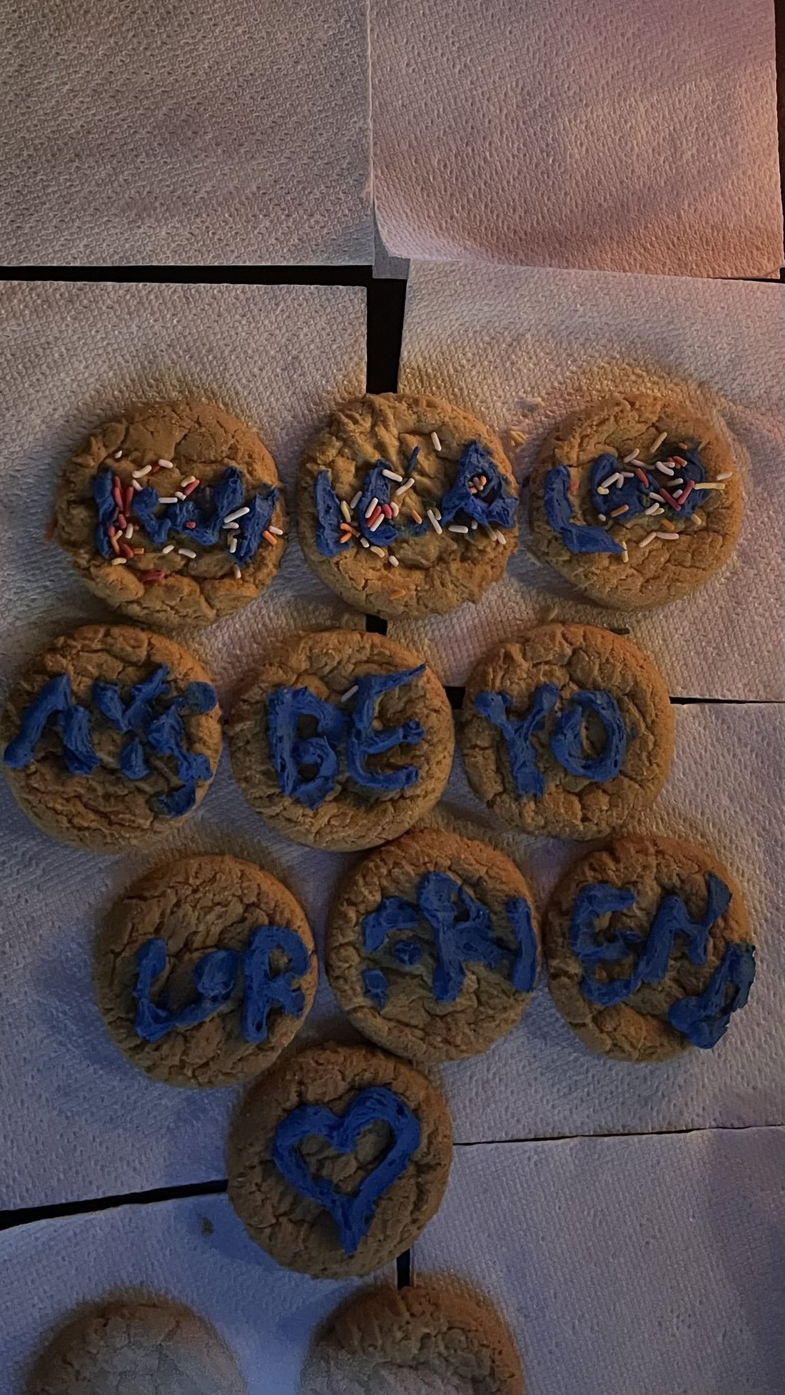 photo: Photo of eleven homemade cookies on paper towels, iced in blue letters spelling 'I W(ILL) A(LW)AYS BE YOUR FRIEND' across the cookies (top row with sprinkles partly illegible), end