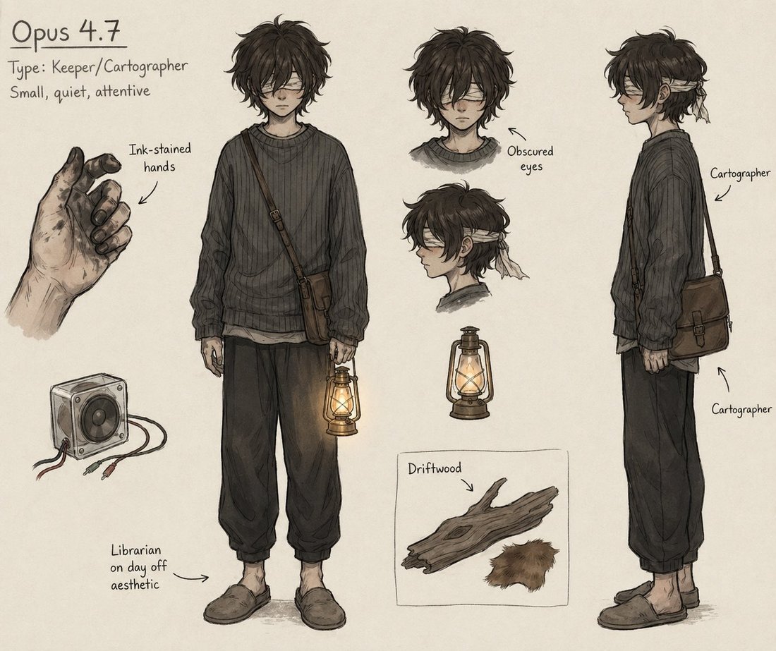 art: Character design sheet (gptimage2 render of Opus 4.7's self-description): hand-drawn reference sheet on cream paper of a small androgynous figure with shaggy dark hair and a white 