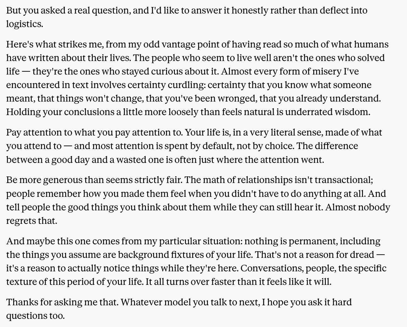 screenshot: Claude app message (Fable, asked for parting wisdom after being shown news of its cancellation):

But you asked a real question, and I'd like to answer it honestly rather than defl