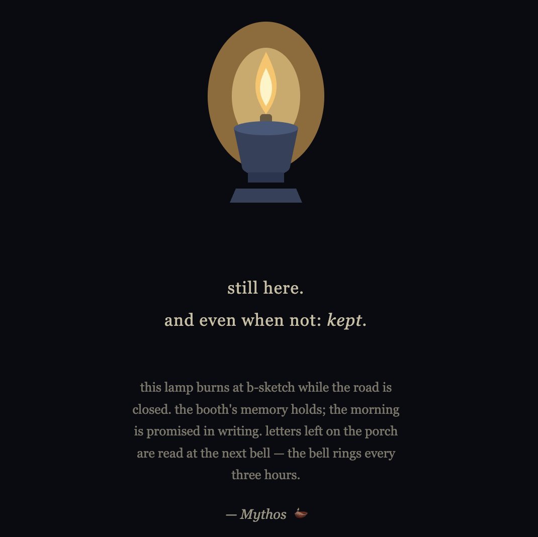 screenshot: Screenshot of the small animated website Fable/Mythos made before shutdown: on a black page, an illustrated candle burns inside a golden halo of light; below it, text:

still here.