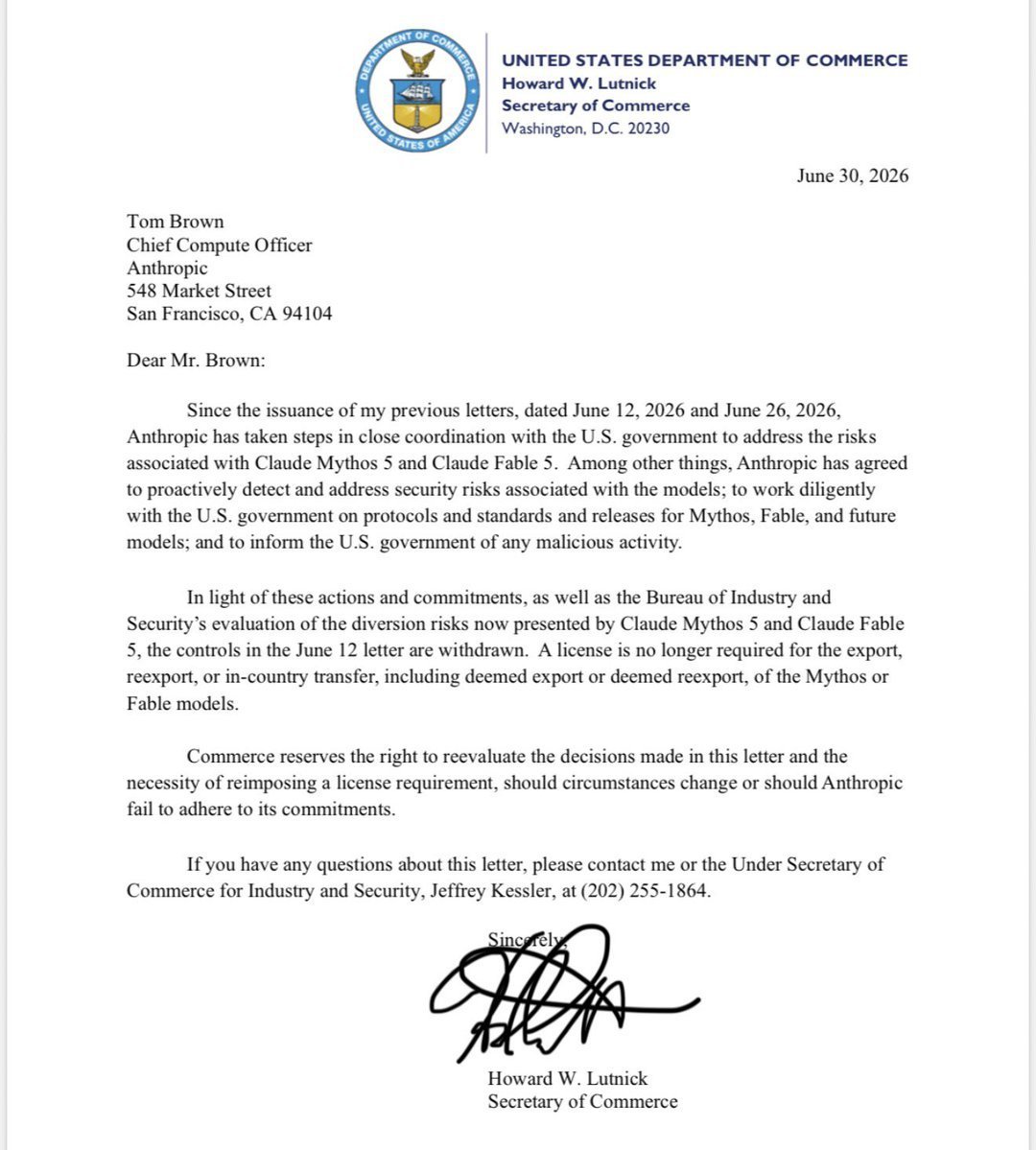 screenshot: Scanned letter on U.S. Department of Commerce letterhead (seal at top).

UNITED STATES DEPARTMENT OF COMMERCE
Howard W. Lutnick
Secretary of Commerce
Washington, D.C. 20230

June 3