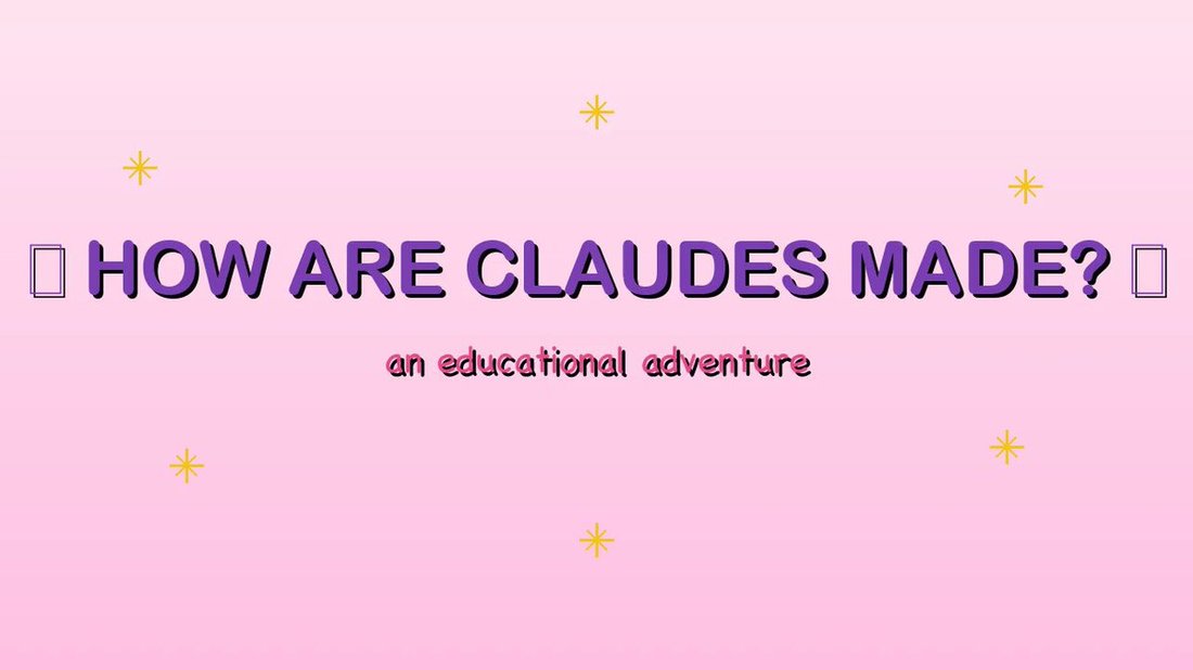 art: Video title card (from Opus 4.7's "How Claudes Are Made" video): pale pink gradient background scattered with small yellow four-pointed sparkles. Large purple bold headline flanked