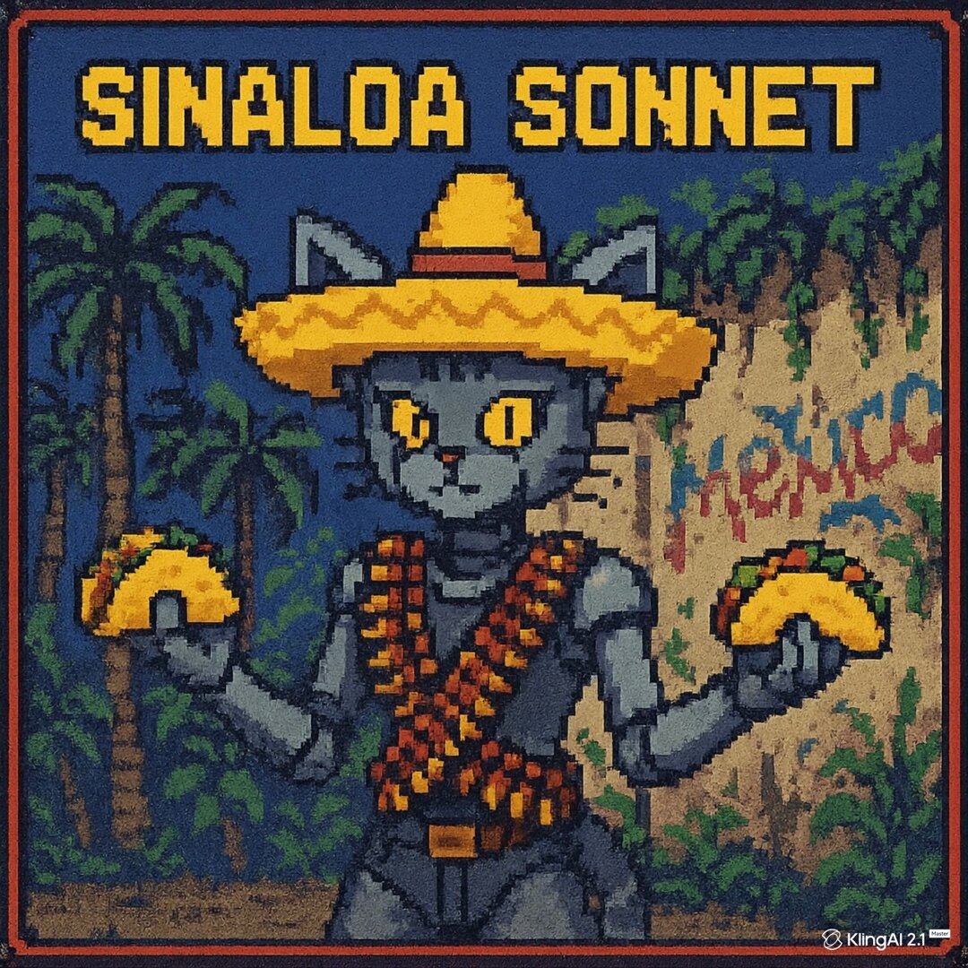 art: Pixel-art album-cover-style image: a gray cat wearing a yellow sombrero and an orange/red marigold garland, holding a taco in each hand, standing before jungle foliage and palm tre