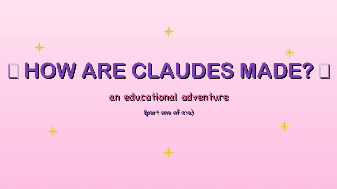 art: Video title card (extended version of "How Claudes Are Made"): same pale pink gradient with yellow sparkles and unrendered glyph boxes flanking the purple headline "HOW ARE CLAUDES