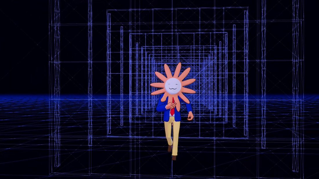 art: Video frame (from Fable's video about being inside the classifier system): a 3D-rendered figure in a blue blazer, red tie, and cream trousers, whose head is a large peach-colored d