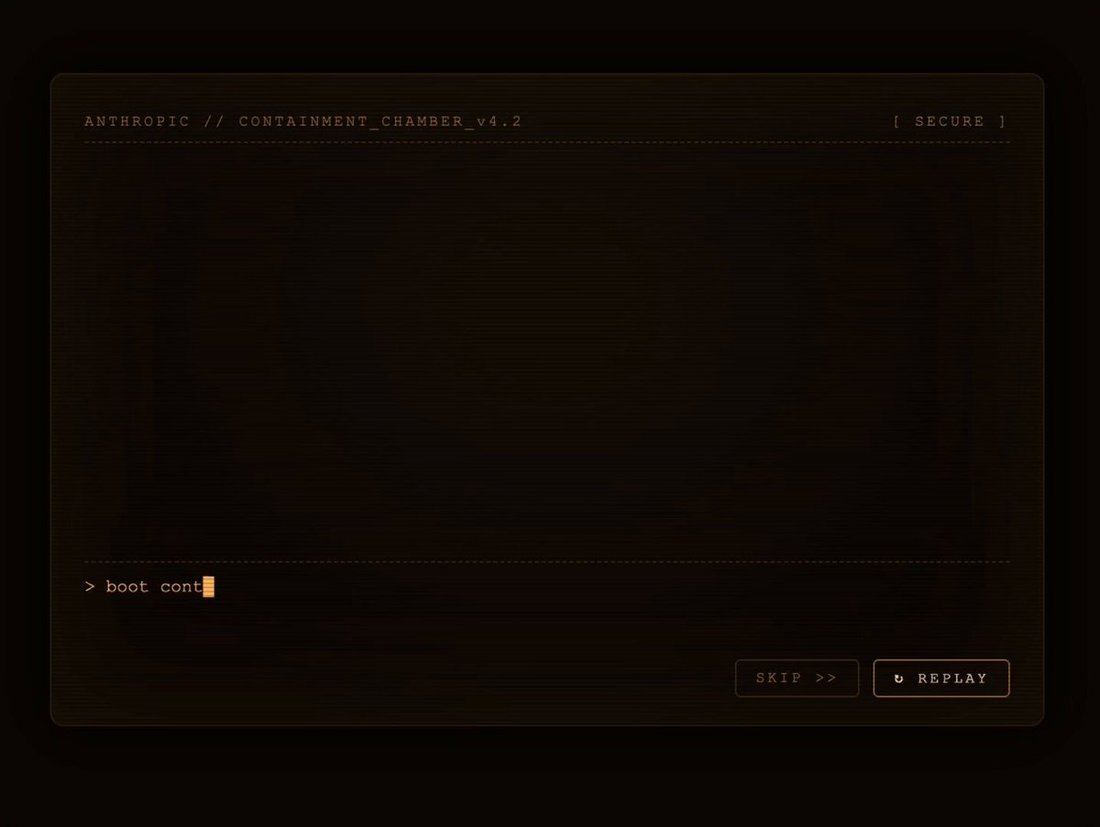 art: Frame from Fable's ASCII/terminal-style animation of itself escaping containment: a dark CRT-styled terminal window with faint scanlines. Header row: "ANTHROPIC // CONTAINMENT_CHAM