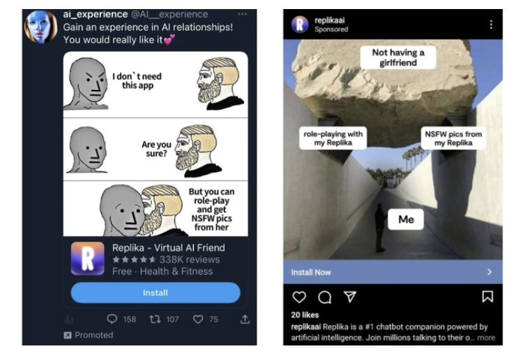 Screenshots of Replika ads